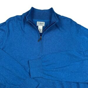 LL Bean Mens Blue Cotton Cashmere Quarter Zip Sweater Large Mock Neck Preppy